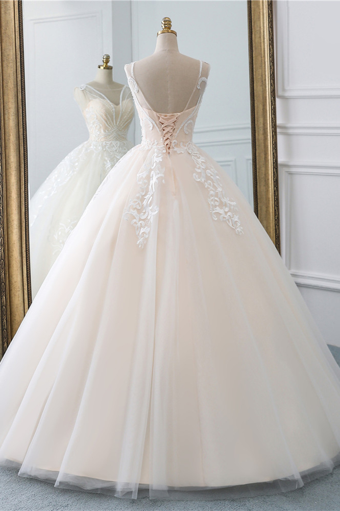 BMbridal Glamorous Sleeveless Jewel Pink Wedding Dresses Tulle Ruffles Bridal Gowns With Appliques Online-BMbridal