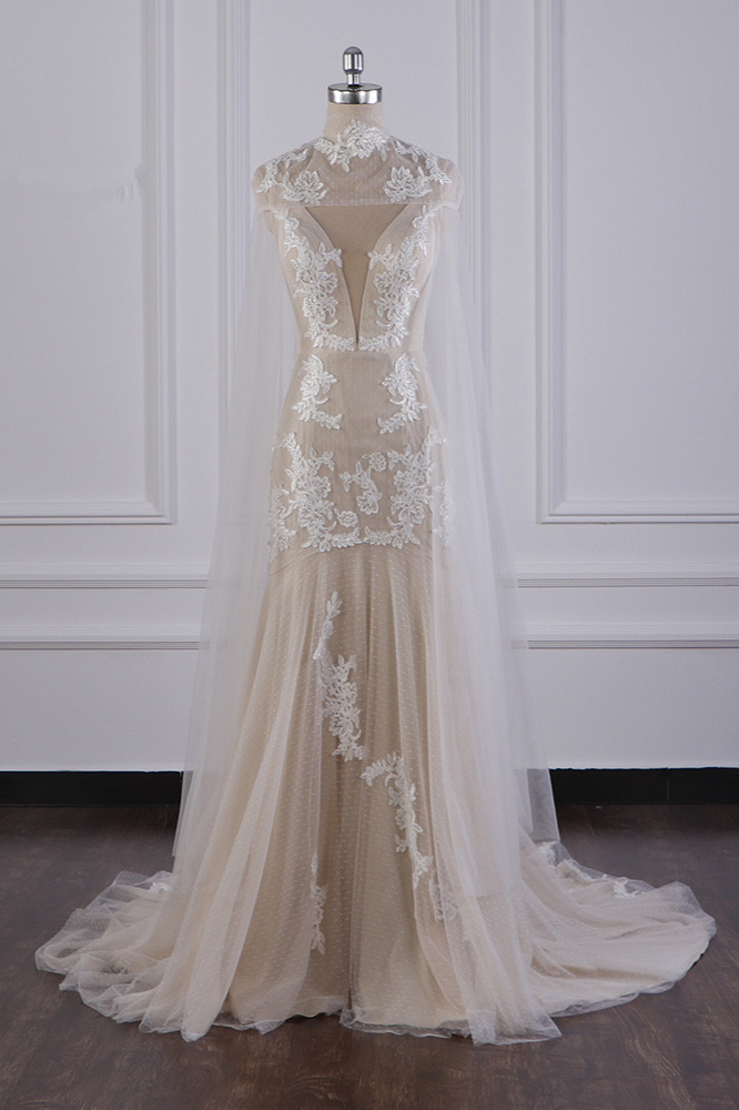 BMbridal Chic High-Neck Tulle Champagne Wedding Dress Mermaid Sleeveless Appliques Bridal Gowns Online-BMbridal