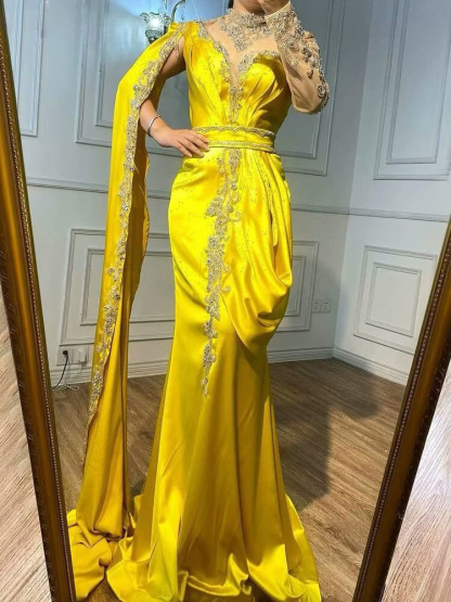 Shinning Yellow Bead Embroidery Mermaid Floor Length Prom Dress With Shawl