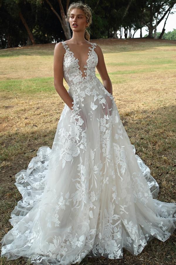Bmbridal Deep V-Neck Appliques Wedding Dress Sleeveless Online-BMbridal