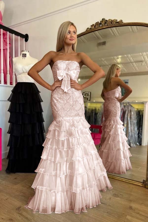 Strapless Sleeveless Long Mermaid Prom Dress With Beading Ruffle