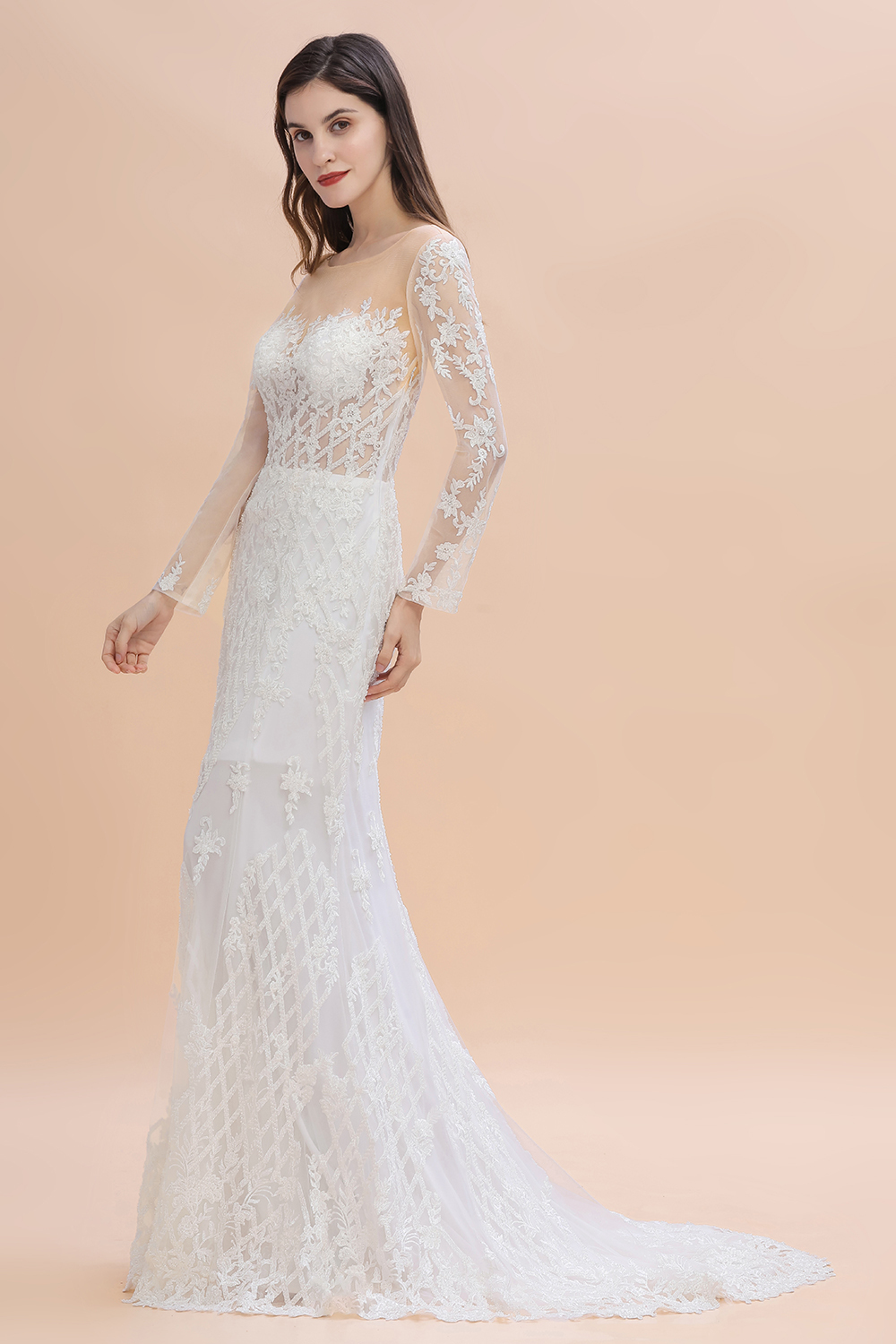 BMbridal Gorgeous Jewel Tulle Lace Wedding Dress Long Sleeves Appliques Mermaid Bridal Gowns On Sale-BMbridal