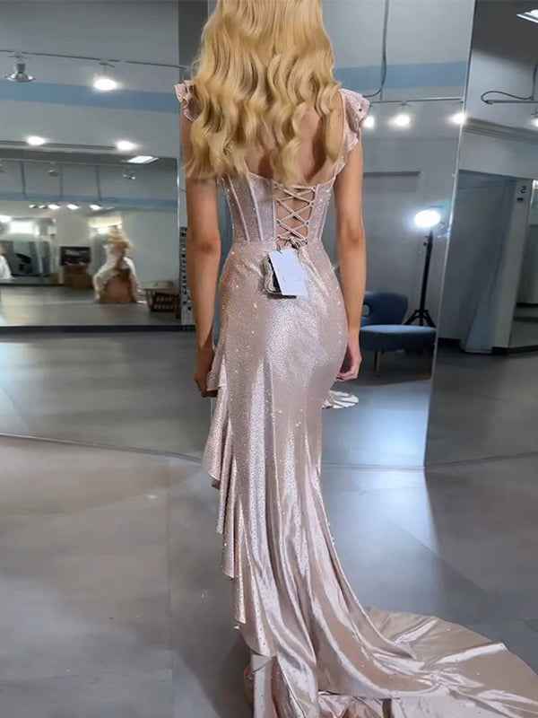 Navy Blue Shimmer Ruffle Long Corset Prom Dress with Slit