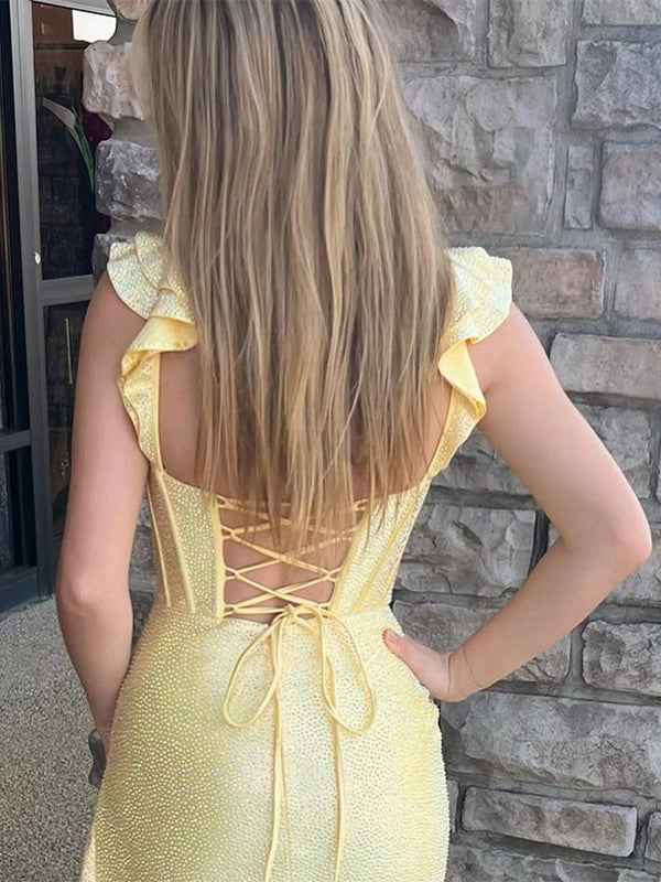 Navy Blue Shimmer Ruffle Long Corset Prom Dress with Slit