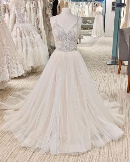 Modern Pearl Long A-Line Backless Wedding Dress with V-Neck