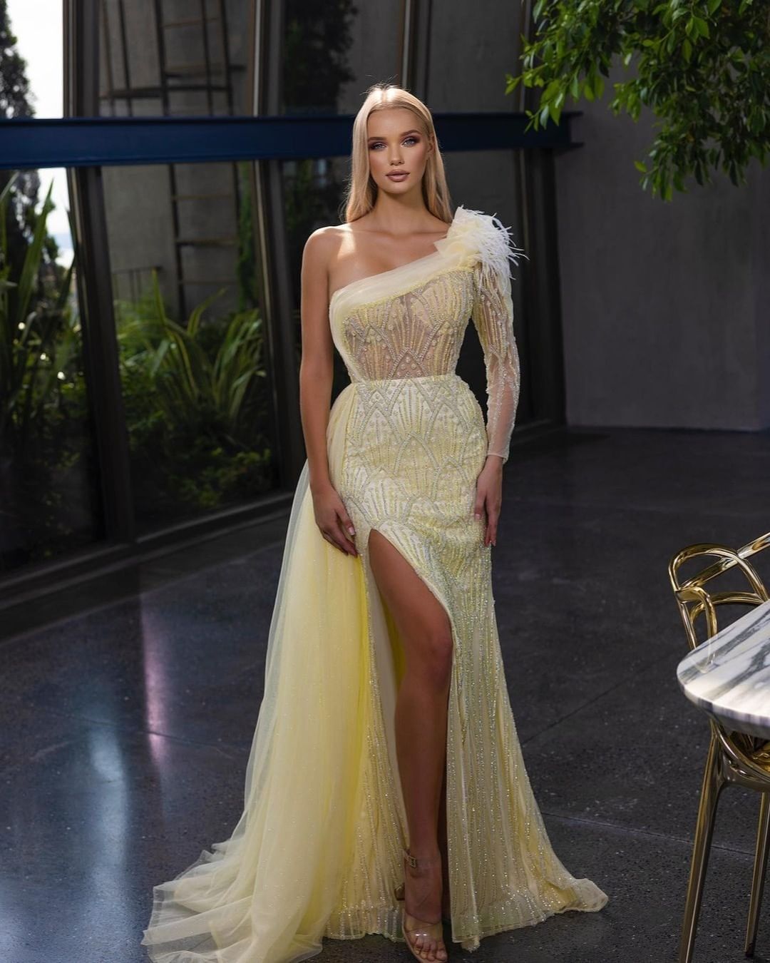 Bmbridal Daffodil One Shoulder Long Sleeve Split Front Prom Dress
