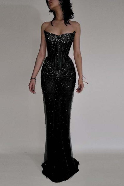 Strapless Sleeveless Mermaid Long Prom Dress With Beading Tulle