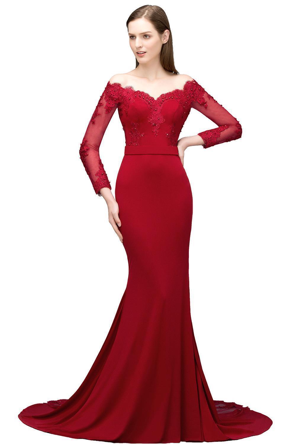 BMbridal Glamorous Long Sleeve Mermaid Evening Prom Dress With Lace Appliques Online-BMbridal