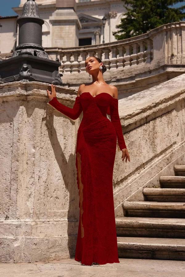 Off the Shoulder Long Sleeves Long Mermaid Prom Dress With Lace Appliques