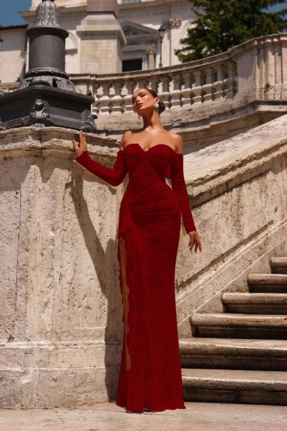 Off the Shoulder Long Sleeves Long Mermaid Prom Dress With Lace Appliques