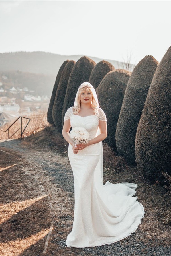 Bmbridal Cap Sleeves Sequins Wedding Dress Mermaid Long-BMbridal