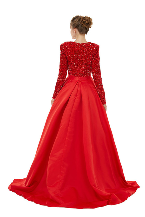 Bmbridal Red Long Sleeves Prom Dress V-Neck Slit With Sequins