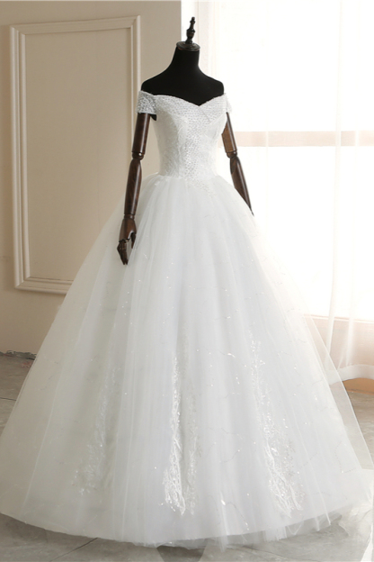 BMbridal Affordable Off-the Shoulder Sweetheart Tulle Wedding Dress Appliques Sleeveless Bridal Gowns with Pearls-BMbridal
