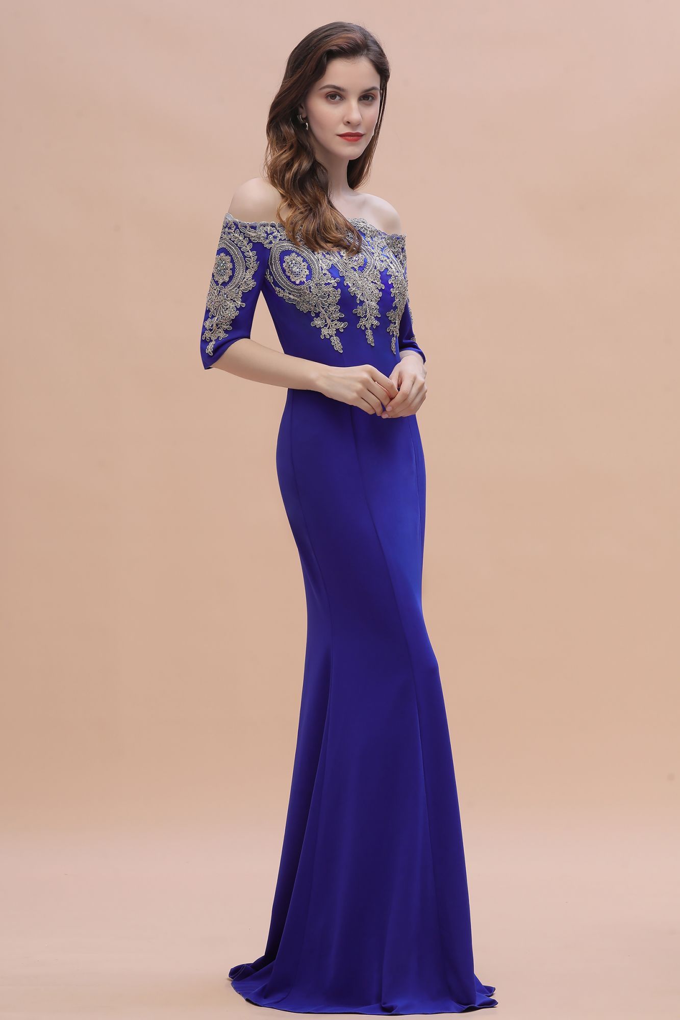 BMbridal Mermaid Off-Shoulder Chiffon Lace Half Sleeve Evening Dress