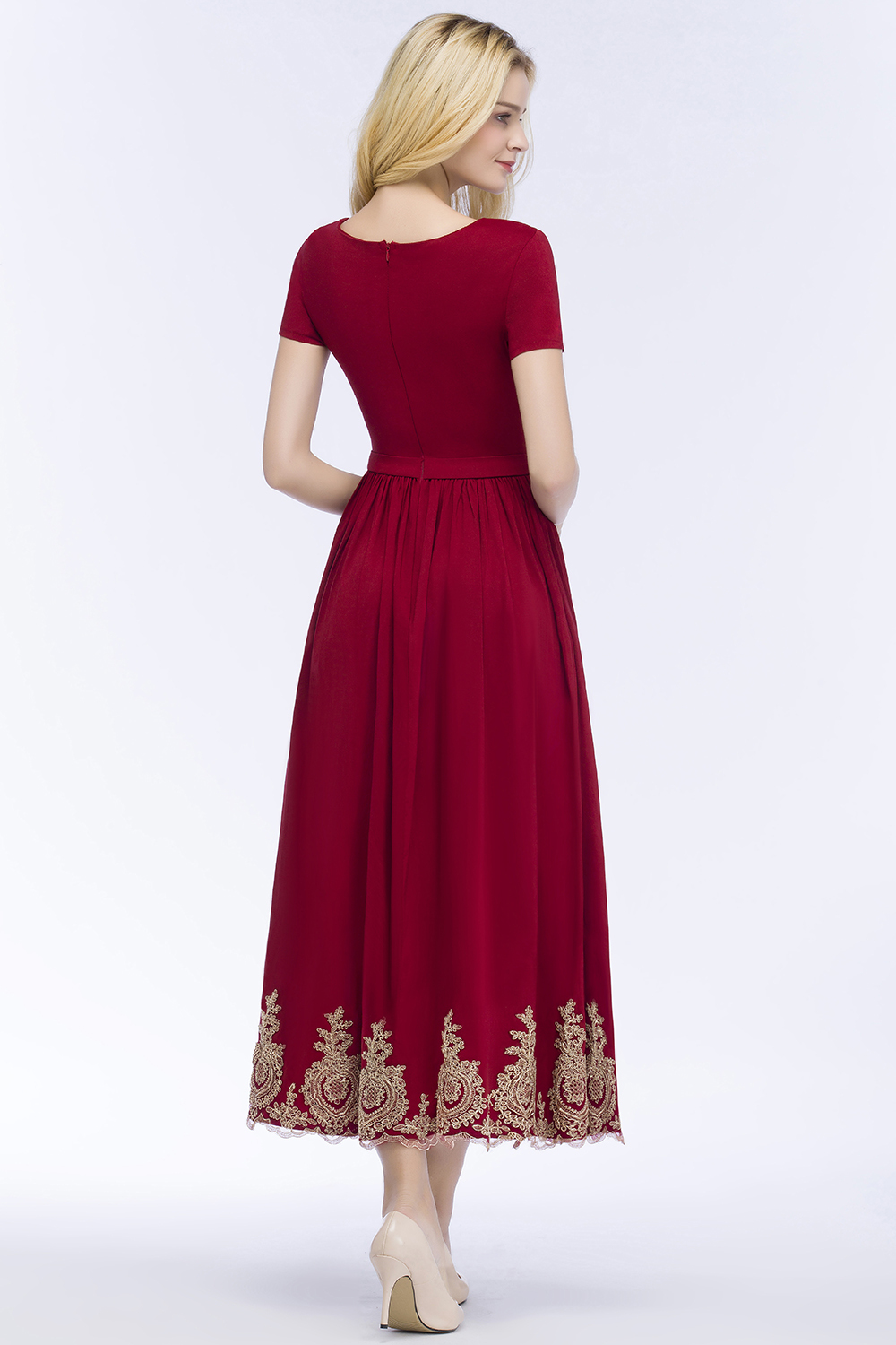 BMbridal A-line Short Sleeves Ankle Length Appliques Prom Dress with Sash Online