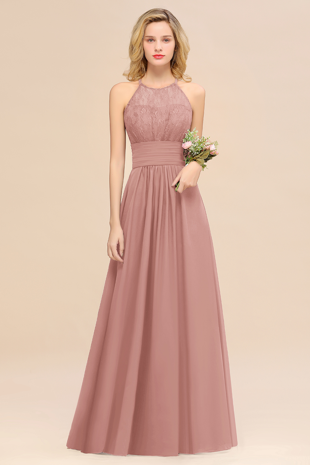 BMbridal Elegant Halter Ruffles Sleeveless Grape Lace Bridesmaid Dresses Affordable-BMbridal