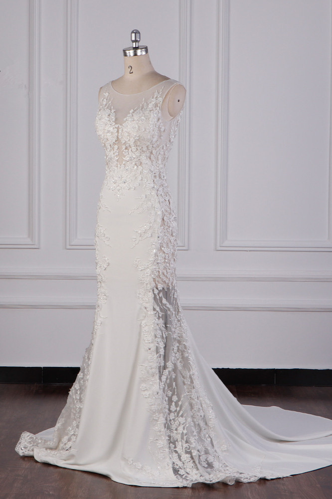 BMbridal Glamorous Jewel Tulle Lace Wedding Dress Sleeveless Appliques Beadings Bridal Gowns Online-BMbridal
