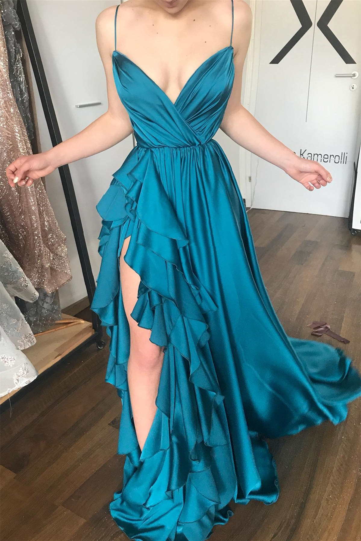 Ink Blue Spaghetti-Straps Sleeveless Prom Dress Slit Long With Ruffles