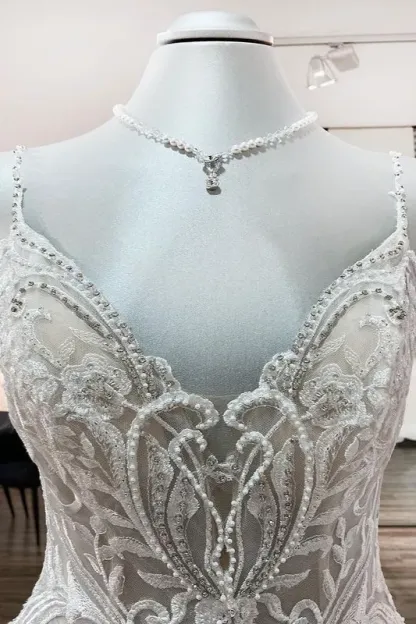 Glamorous Spaghetti-Straps Tulle Ball Gown V-Neck Wedding Dress with Lace Ruffles