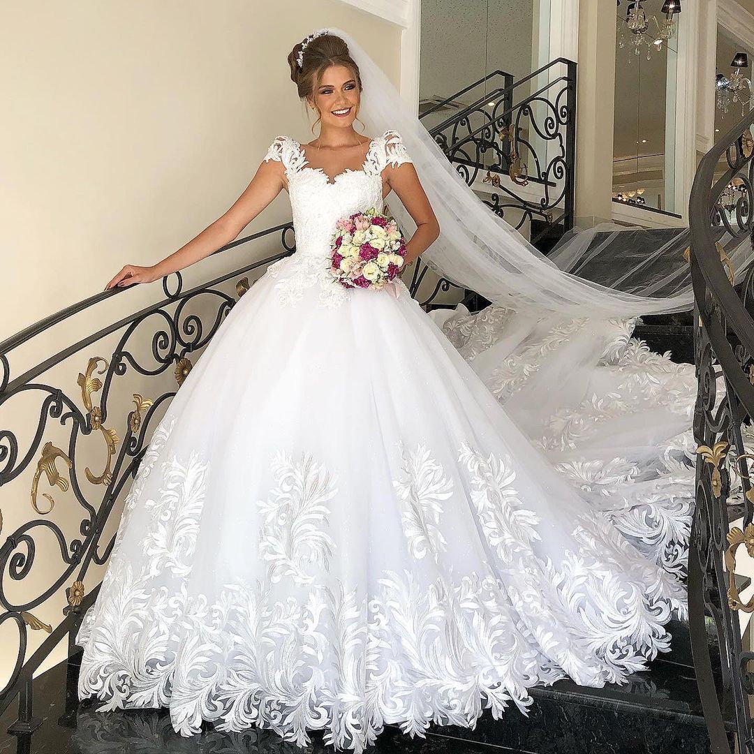 BMbridal Cap Sleeves Lace Applqiues Wedding Dress Ball Gown Princess Bridal Wear-BMbridal