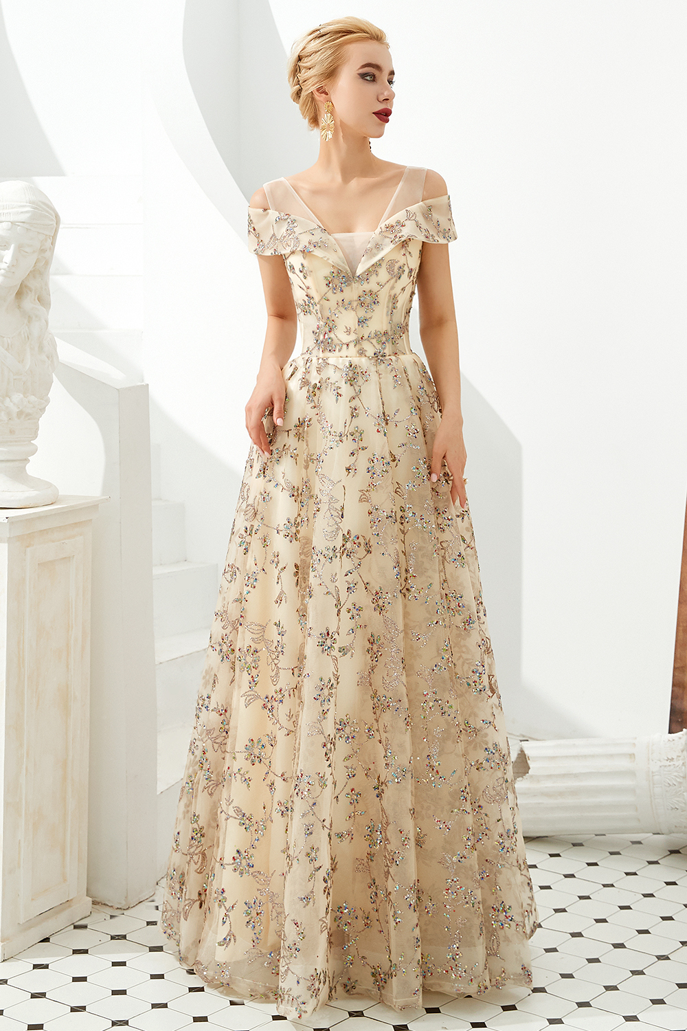 BMbridal Gold Off-the-Shoulder Sequins Prom Dress Long With Lace-Up Back