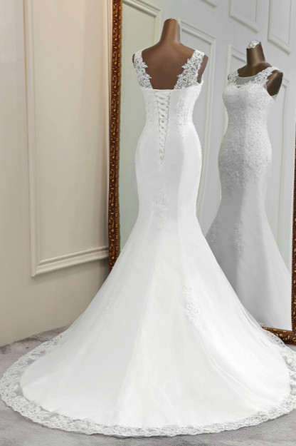 BMbridal Stunning Jewel Sleeveless White Wedding Dresses White Mermaid Beadings Bridal Gowns