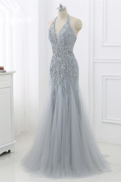 BMbridal Elegant Tulle Halter Rhinestones Mermaid Prom Dresses Sleeveless Appliques Online