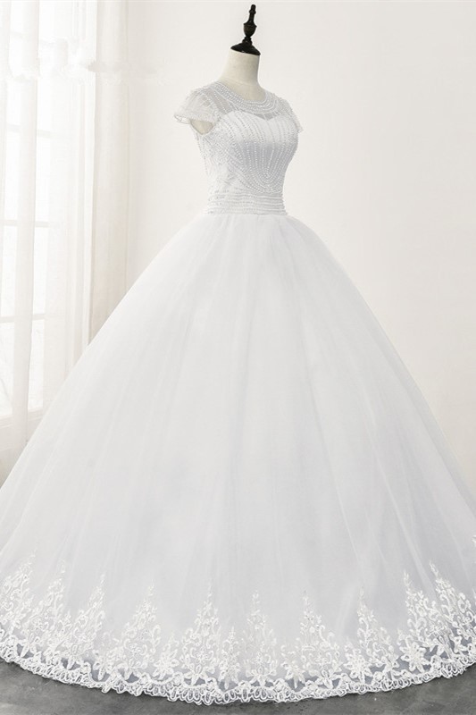 BMbridal Chic Ball Gown Jewel White Tulle Lace Wedding Dress Short Sleeves Rhinestones Bridal Gowns Online-BMbridal