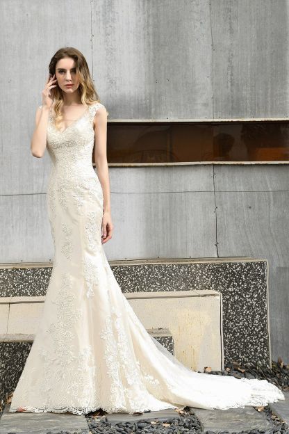 BMbridal Glamorous Mermaid Satin Lace Open Back Wedding Dress