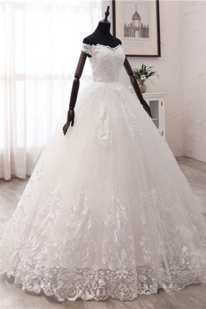 BMbridal Ball Gown Off-the-Shoulder Lace Appliques Wedding Dresses White Tulle Sleeveless Bridal Gowns-BMbridal