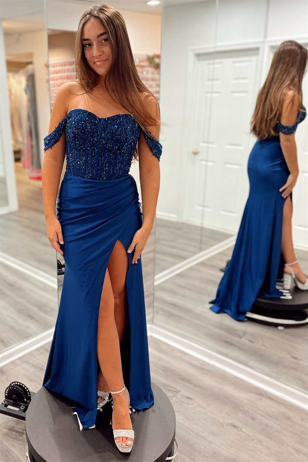 Amazing Navy Blue Off-the-Shoulder Prom Dress Slit Long With Beadings