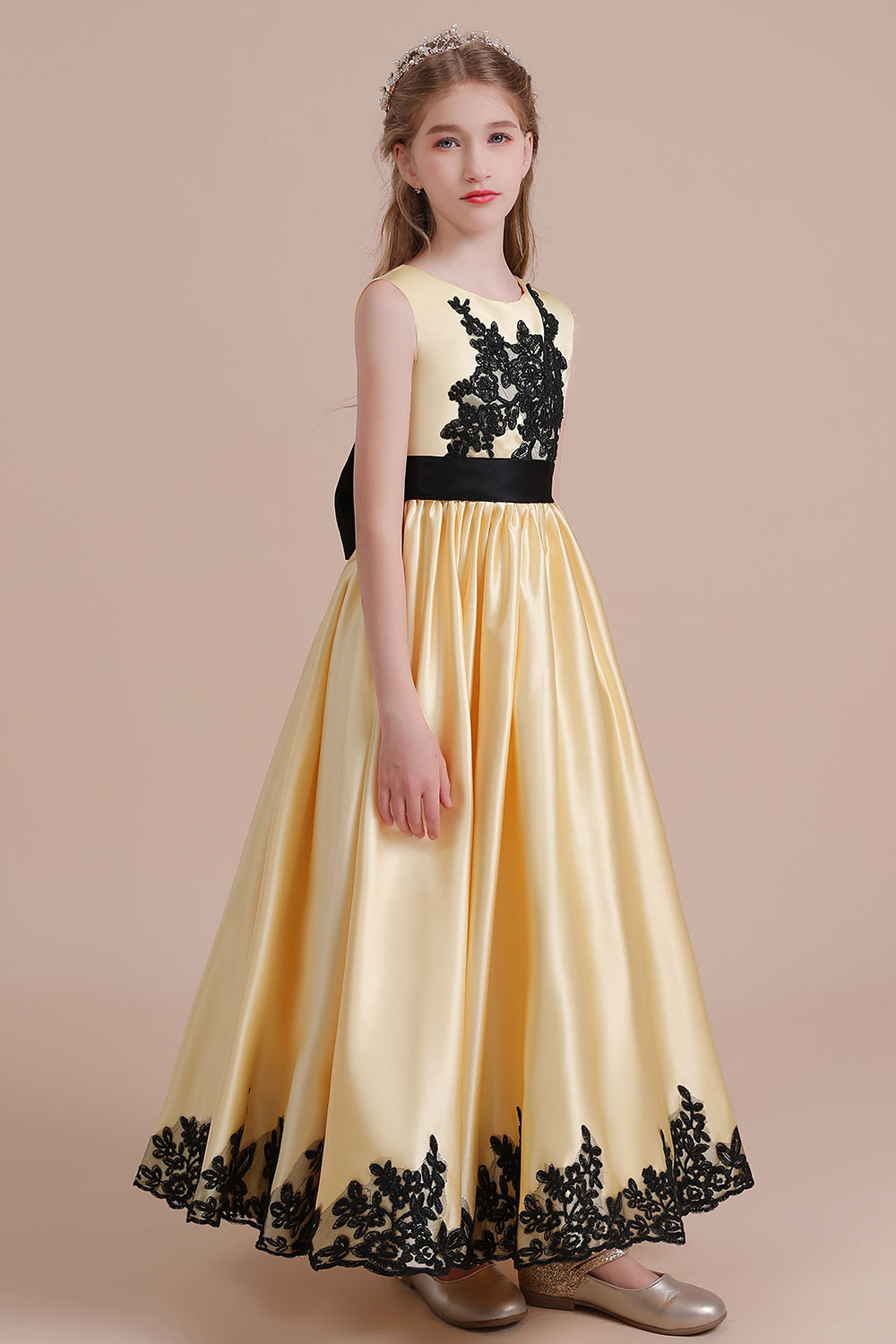 BMbridal A-Line Chic Bow Appliques Satin Flower Girl Dress Online-BMbridal
