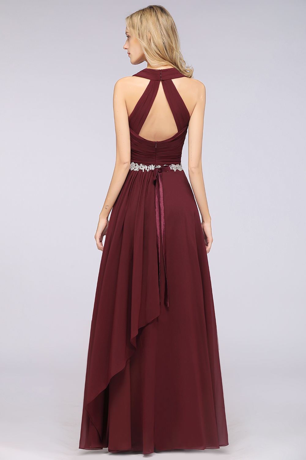 BMbridal Elegant Chiffon Halter V-Neck Ruffle Bridesmaid Dress with Appliques Sashes-BMbridal