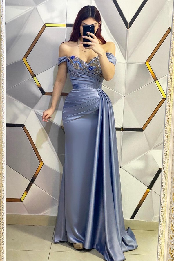 Bmbridal Blue Off-the-Shoulder Prom Dress Mermaid With Ruffles