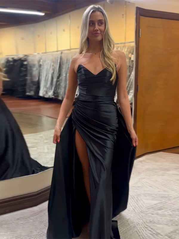 Black Mermaid Strapless V-neck Satin Ruched Sheath Long Prom Dress with Slit