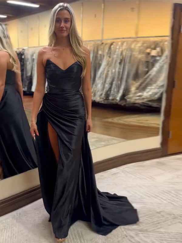 Black Mermaid Strapless V-neck Satin Ruched Sheath Long Prom Dress with Slit