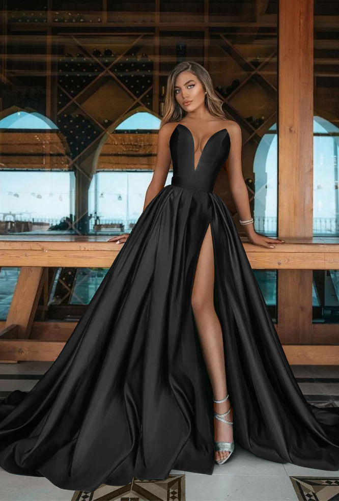 Long Deep V Neck Sleeveless Emerald A Line Green Prom Dress With Side Split