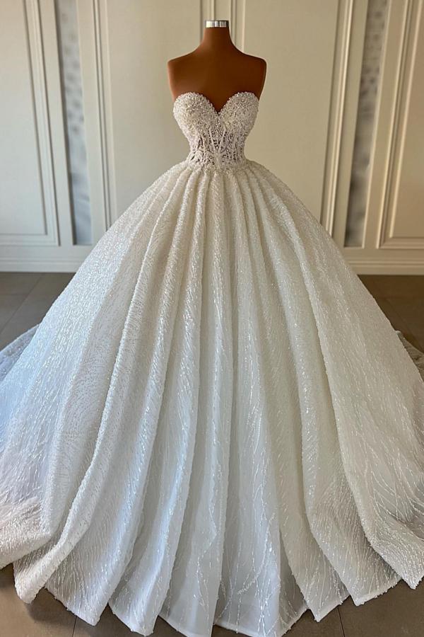 Bmbridal Sweetheart Ball Gown Wedding Dress Lace With Pearls-BMbridal
