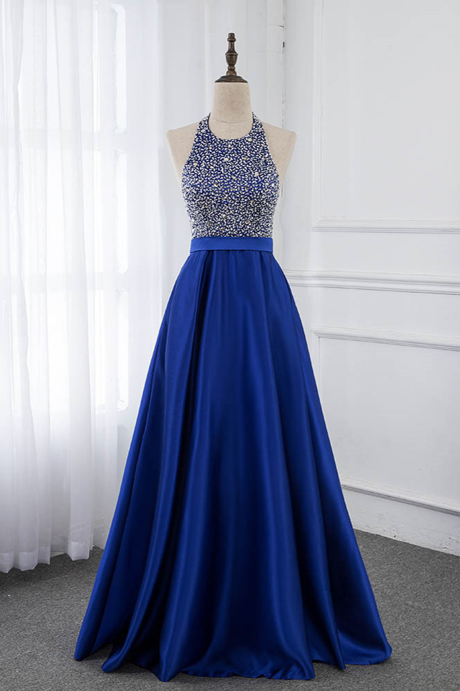 BMbridal Gorgeous Satin Halter Ruffle Backless Prom Dresses with Beadings Top