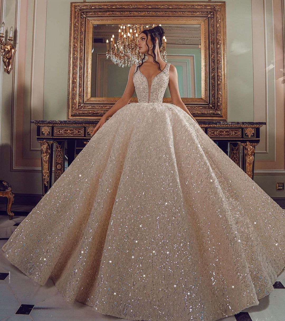 BMbridal V-Neck Sleeveless Ball Gown Wedding Dress With Sequins-BMbridal