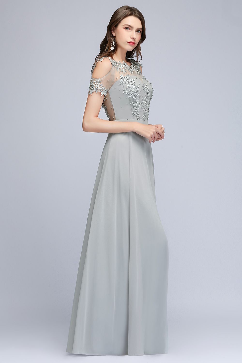 BMbridal Short Sleeve Lace Appliques Long Prom Party Dress