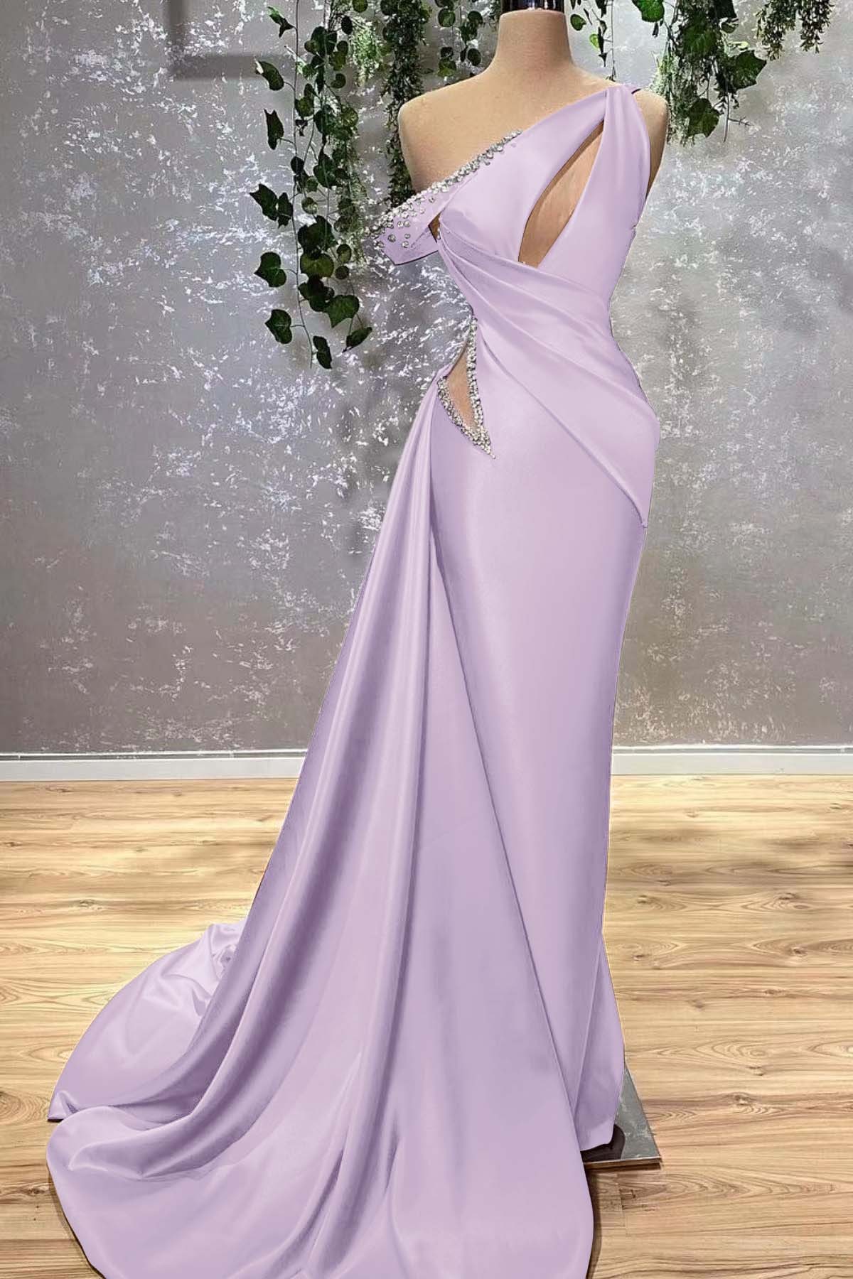 Lilac Off the Shoulder Sleeveless Mermaid Prom Dress With Beading