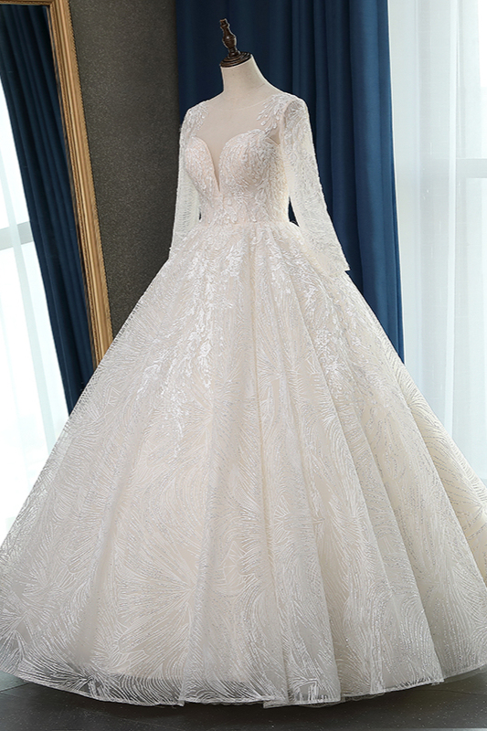 BMbridal Glamorous Ball Gown Jewel Appliques Wedding Dress Long Sleeves Bridal Gowns Online