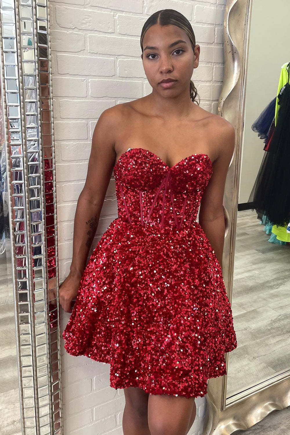 Sparkly White Corset Sweetheart A-Line Short Homecoming Dress with Pockets