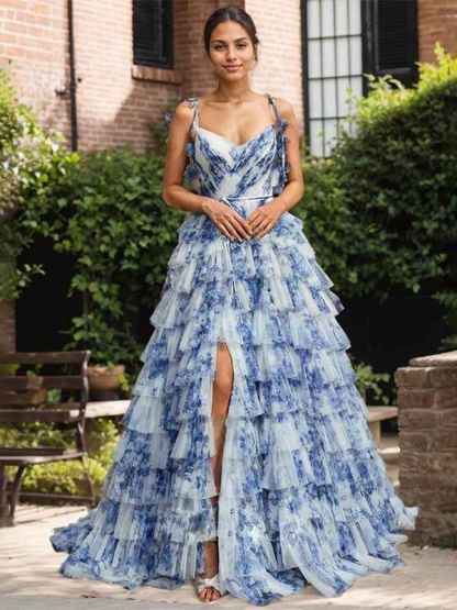 Blue Floral A Line V Neck Long Pleated Prom Dress With Slit