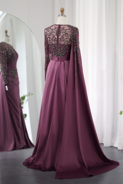 Bmbridal Grape A-Line Long Sleeves Crew Stain Prom Dresses with Appliques