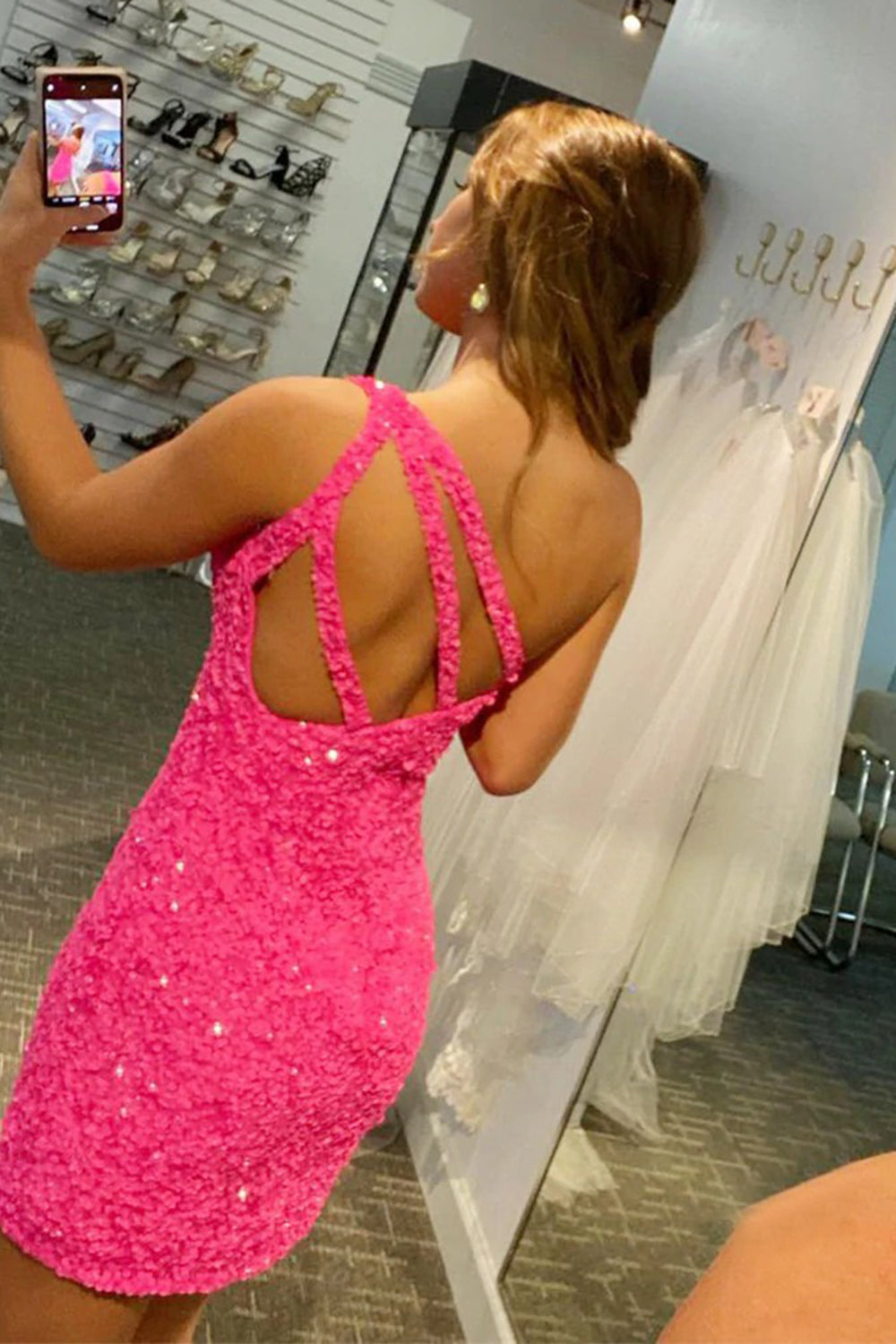 Fuchsia Sequins One Shoulder Homecoming Dress-BMbridal