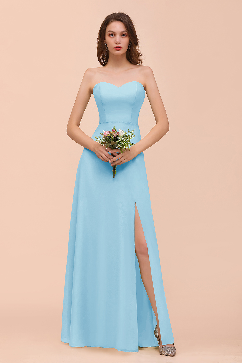 BMbridal Affordable Strapless Front Slit Long Dusty Sage Bridesmaid Dress-BMbridal