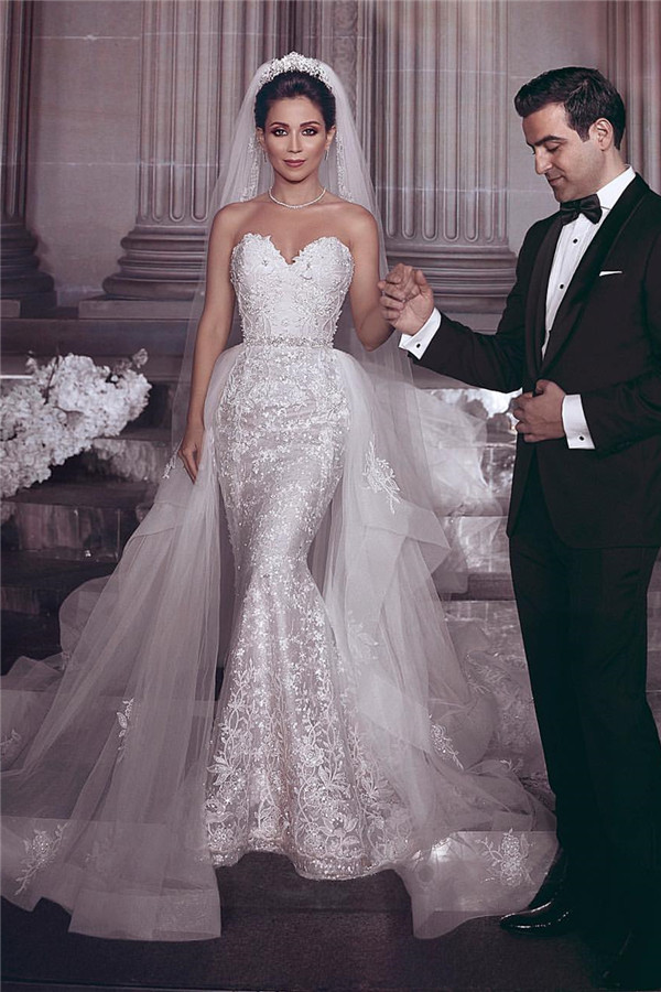 Bmbridal Sweetheart Lace Mermaid Wedding Dress Overskirt-BMbridal
