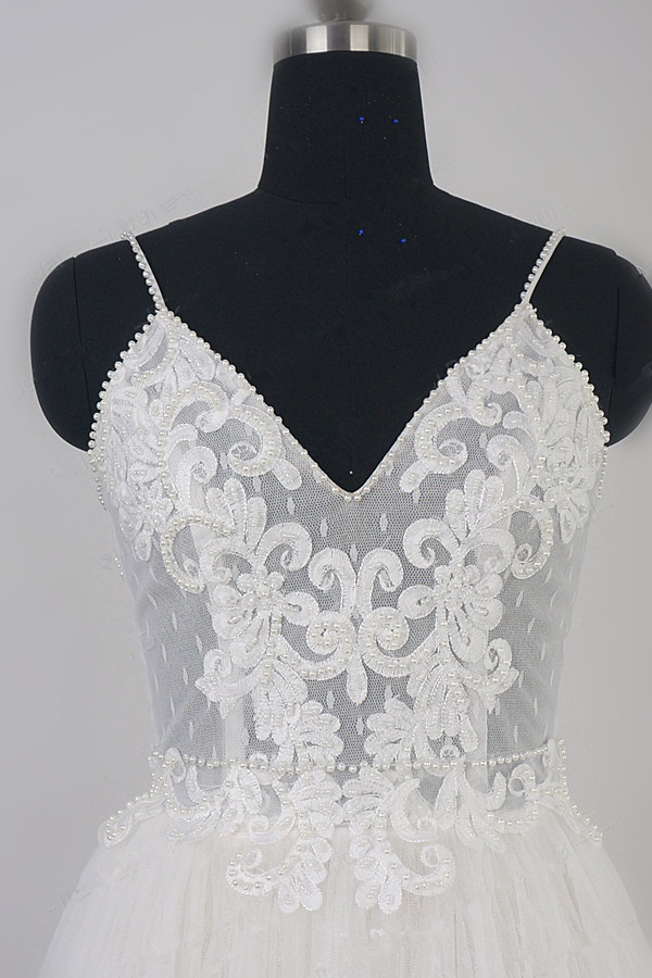 BMbridal Affordable Spaghetti Straps Tulle Ruffle Wedding Dress V-Neck Lace Appliques Bridal Gowns On Sale-BMbridal